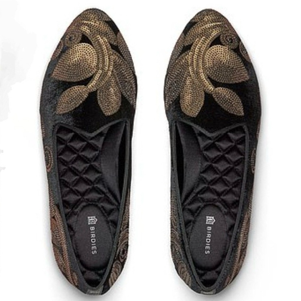Birdies The Heron Chianti Sequin Black Gold Velvet Flats Women's 7.5